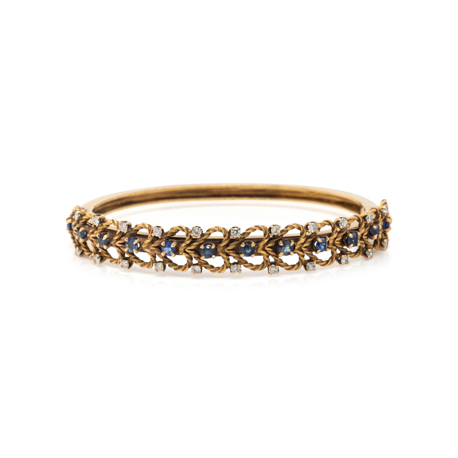 SAPPHIRE, DIAMOND, AND YELLOW GOLD BANGLE BRACELET