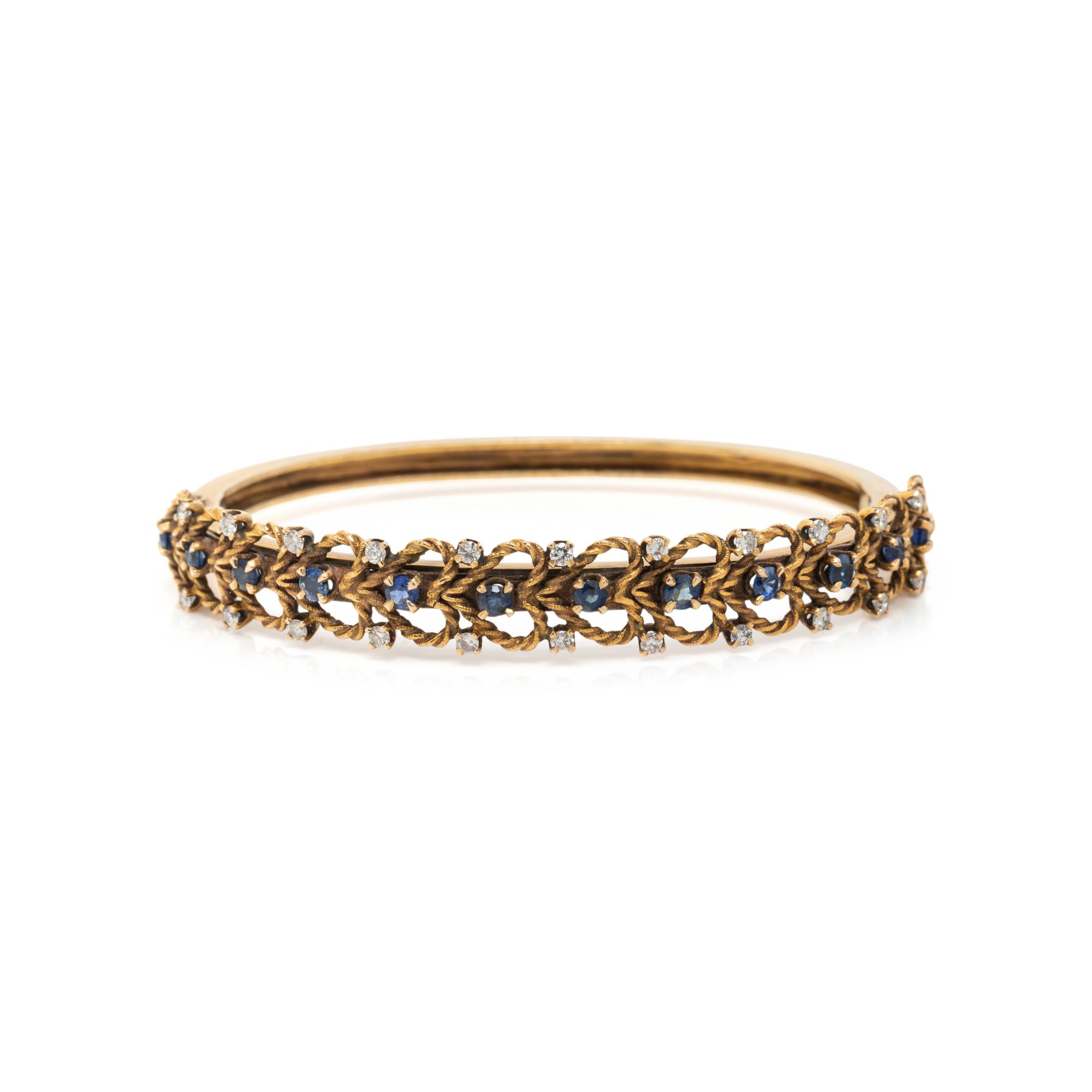 SAPPHIRE, DIAMOND, AND YELLOW GOLD BANGLE BRACELET