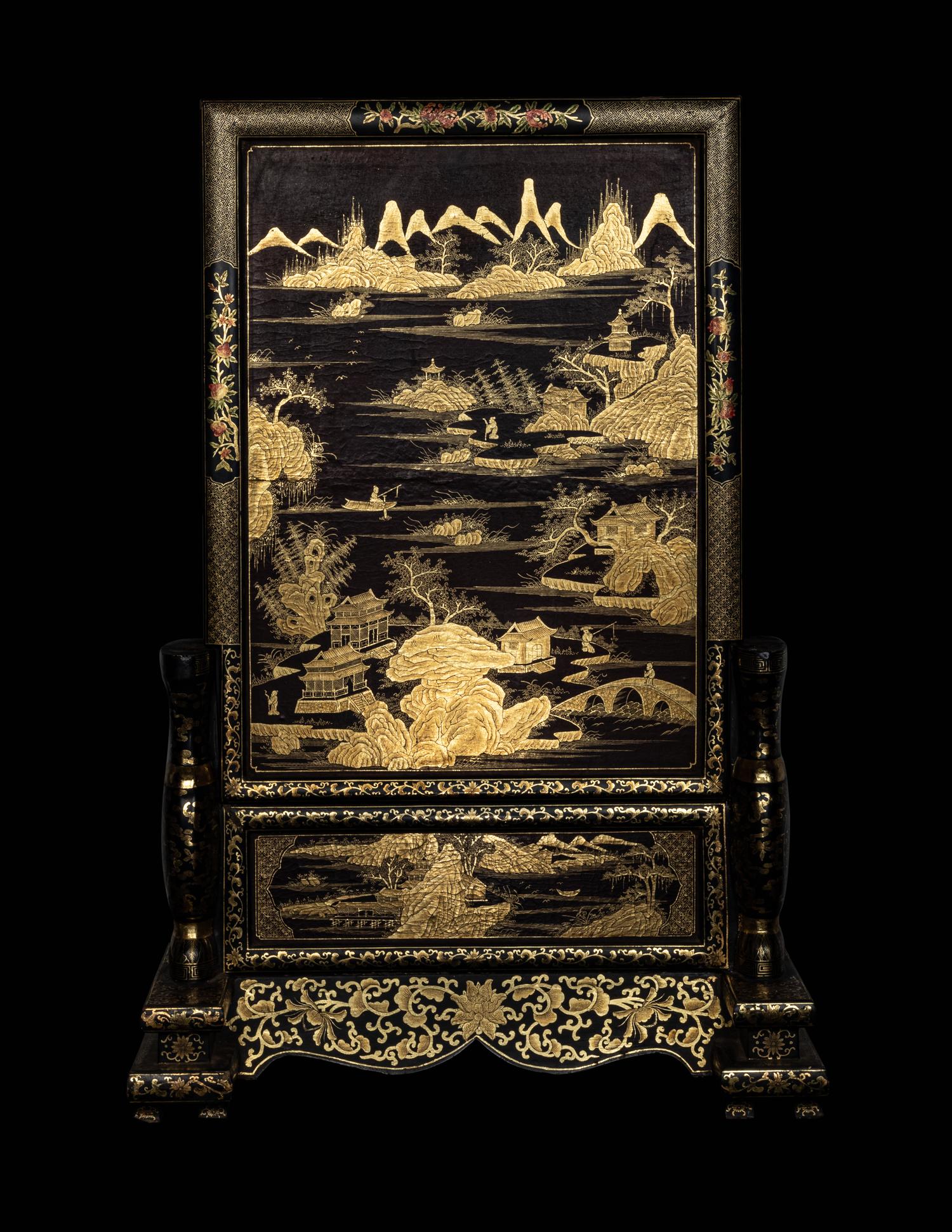 A Large Hardstone Embellished, Gilt and Black Lacquered Wood Screen