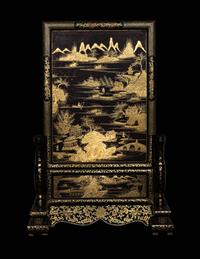 A Large Hardstone Embellished, Gilt and Black Lacquered Wood Screen