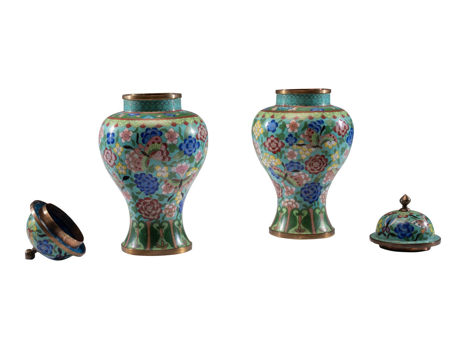 A Pair of Chinese Cloisonné Enamel Covered Jars