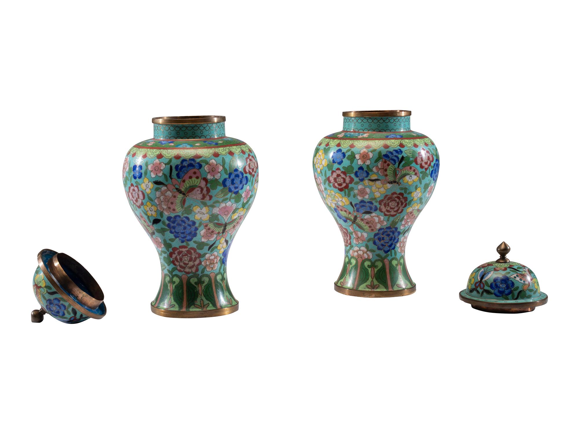 A Pair of Chinese Cloisonné Enamel Covered Jars
