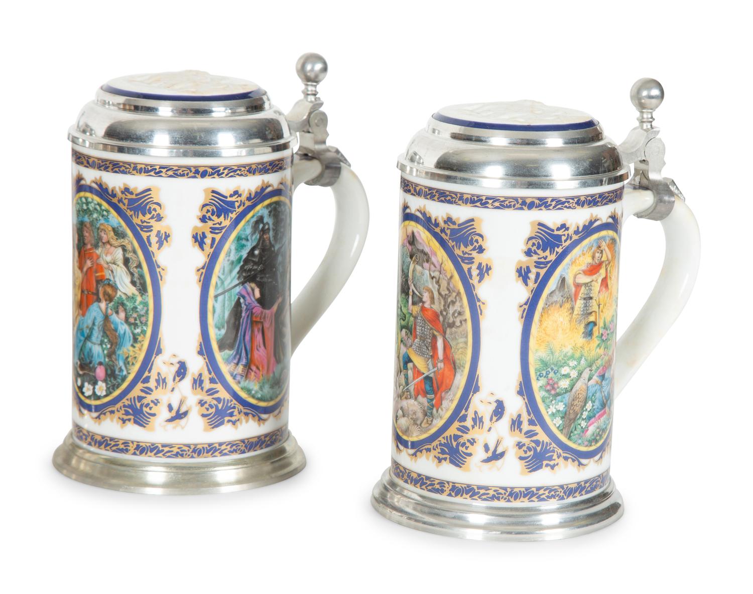 A Collection of German Pewter Mounted Steins