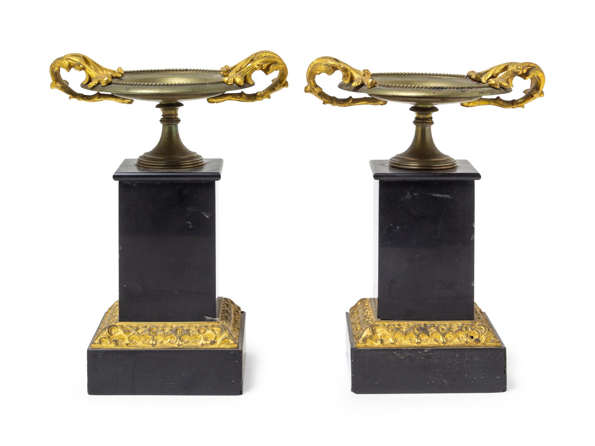 A Pair of Neoclassical Gilt Bronze and Slate Tazze