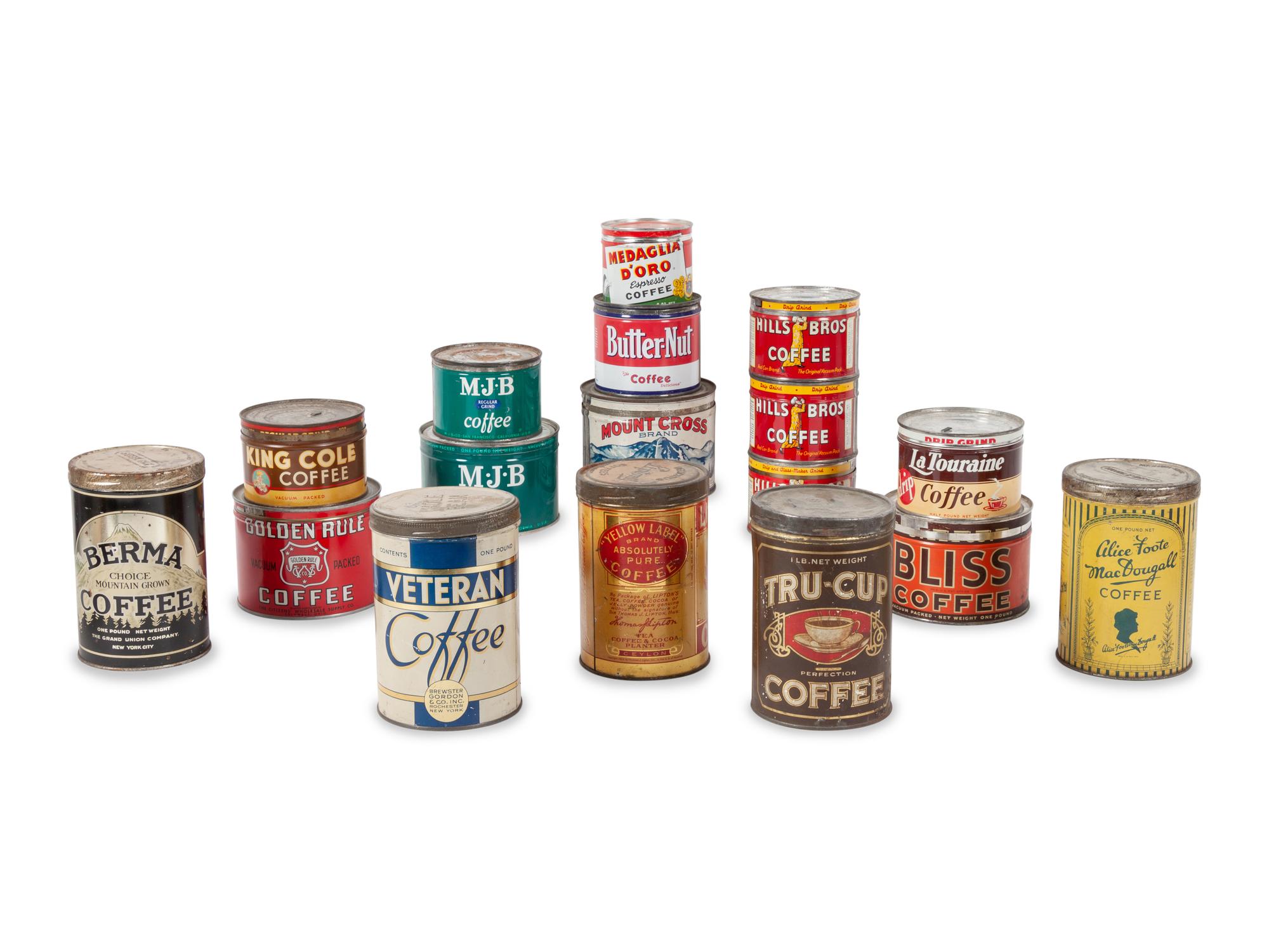 A Large Group of Country Store Advertising Coffee Tins