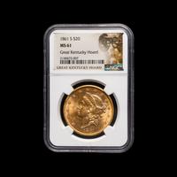 A 1861-S Liberty Head $20 Gold Coin [NGC MS61; ex. Great Kentucky Hoard ]