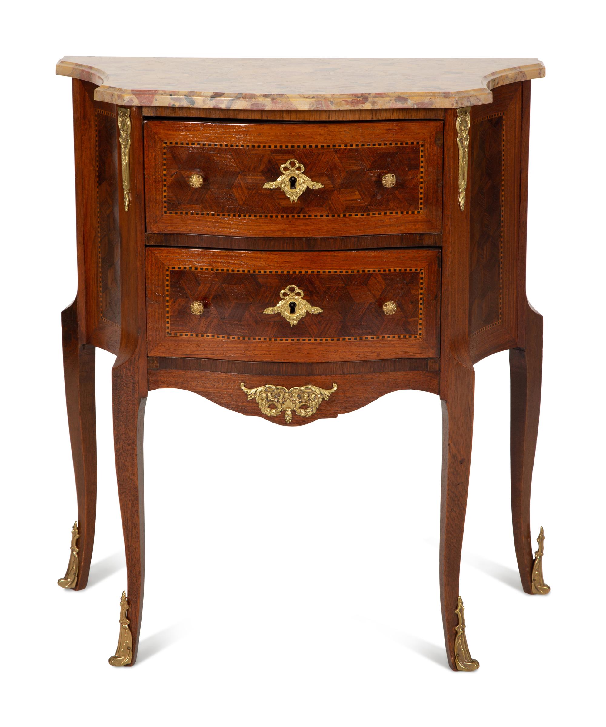A Louis XV Style Gilt Metal Mounted Marble Top Petite Commode