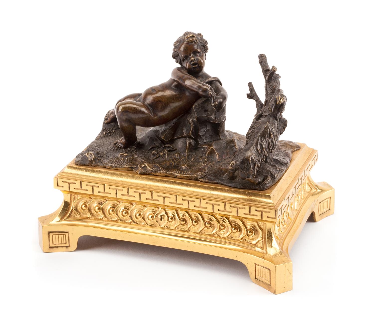 A French Gilt and Patinated Bronze Figural Group Width 8 1/2 inches. — 19TH CENTURY