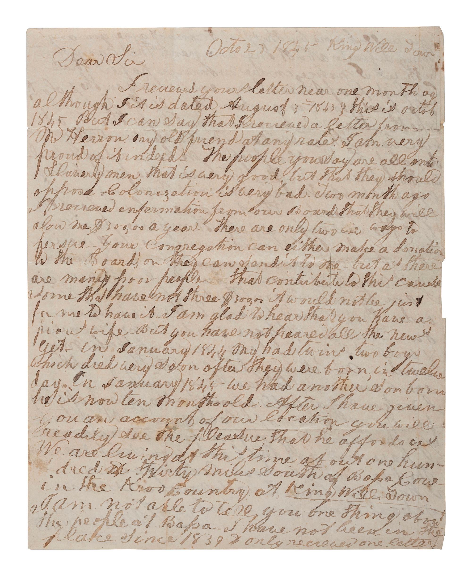 [LIBERIA]. PRIEST, James M. (1819-1883). Autograph letter signed ("James M. Priest"), to James B. Herron. King Will Town, Liberia, 23 October 1845.