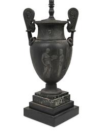 A Pair of Grand Tour Style Cast Metal Urns Mounted as Lamps with Marble Bases