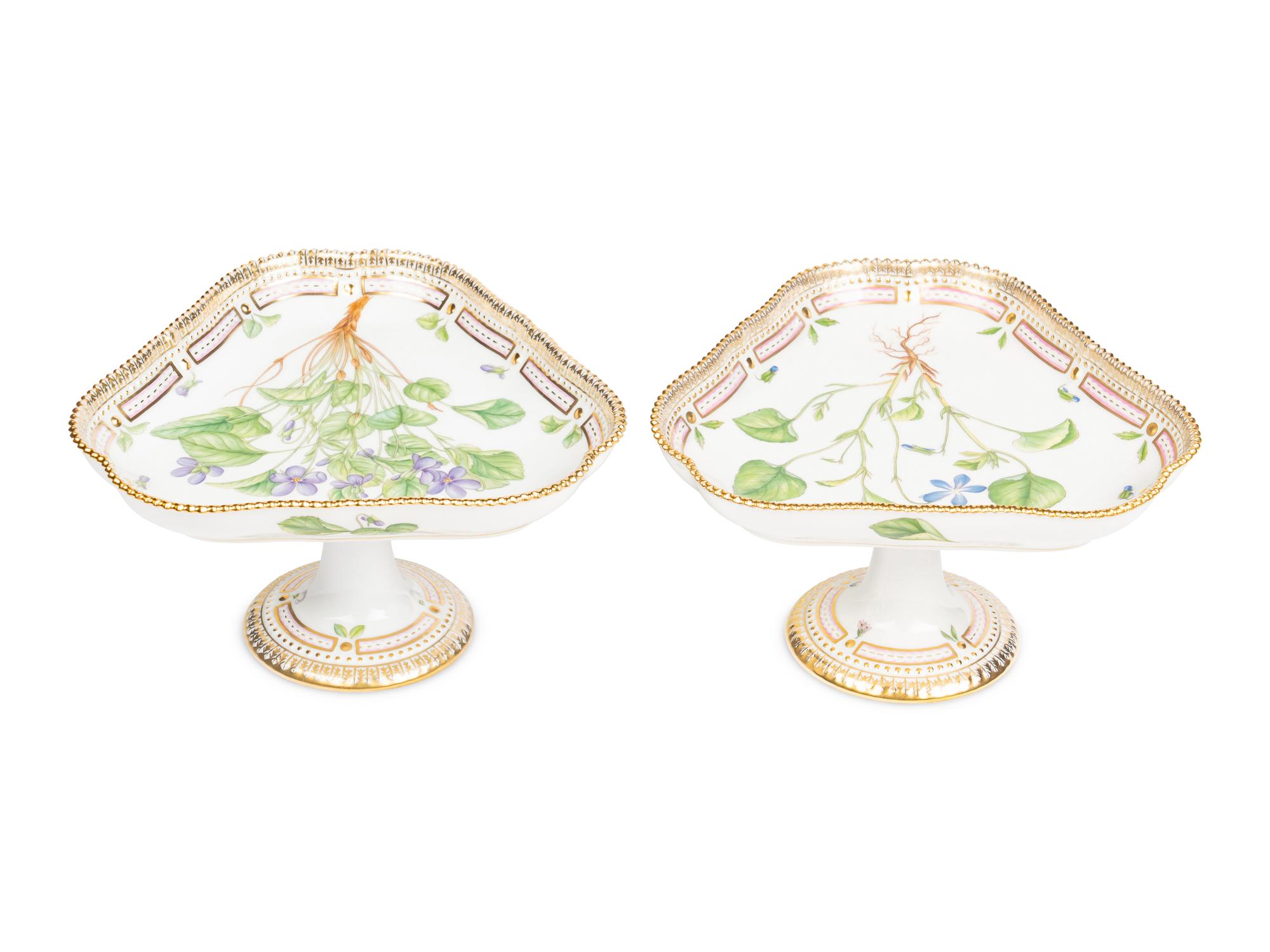A Pair of Royal Copenhagen Flora Danica Porcelain Triangular Compotes and a Triangular Salad Bowl