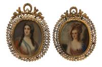 A Pair of Portrait Miniatures on Ivory, Height overall 5 inches.