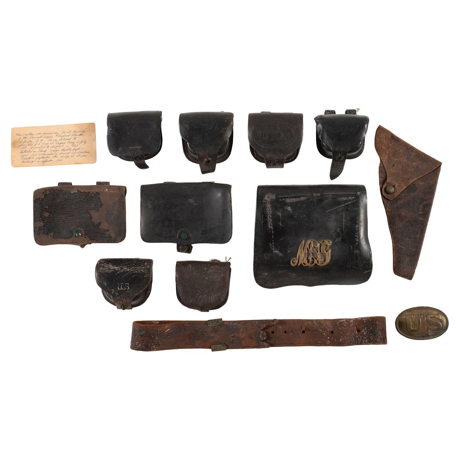 Lot of Civil War Accoutrements: 6 Cap Pouches, 2 Pistol Boxes, Belt Plate, etc.