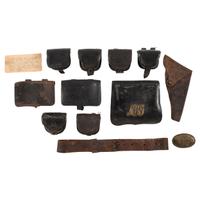 Lot of Civil War Accoutrements: 6 Cap Pouches, 2 Pistol Boxes, Belt Plate, etc.