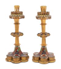 A Pair of Continental Enameled Gilt Bronze Candlesticks