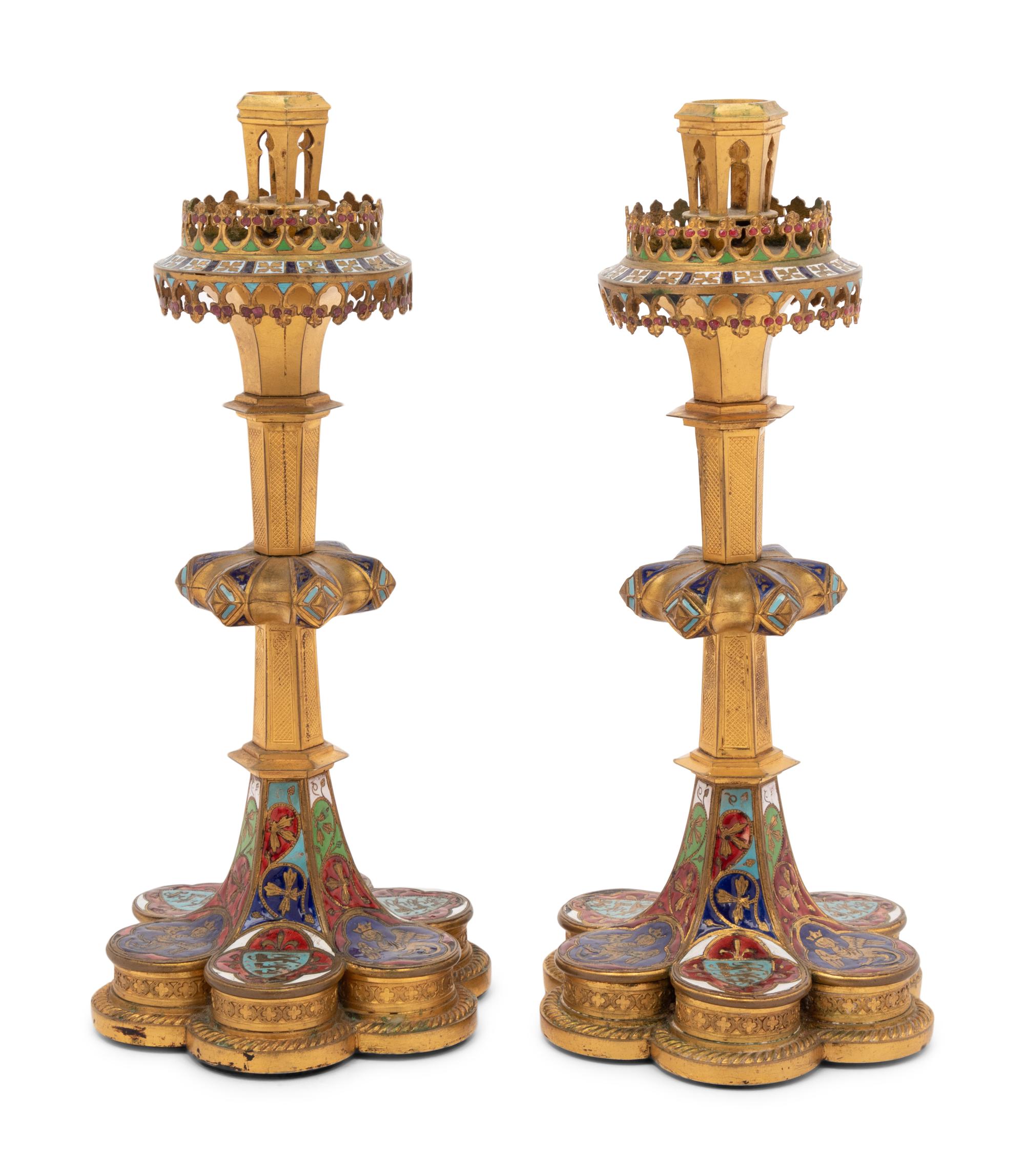 A Pair of Continental Enameled Gilt Bronze Candlesticks