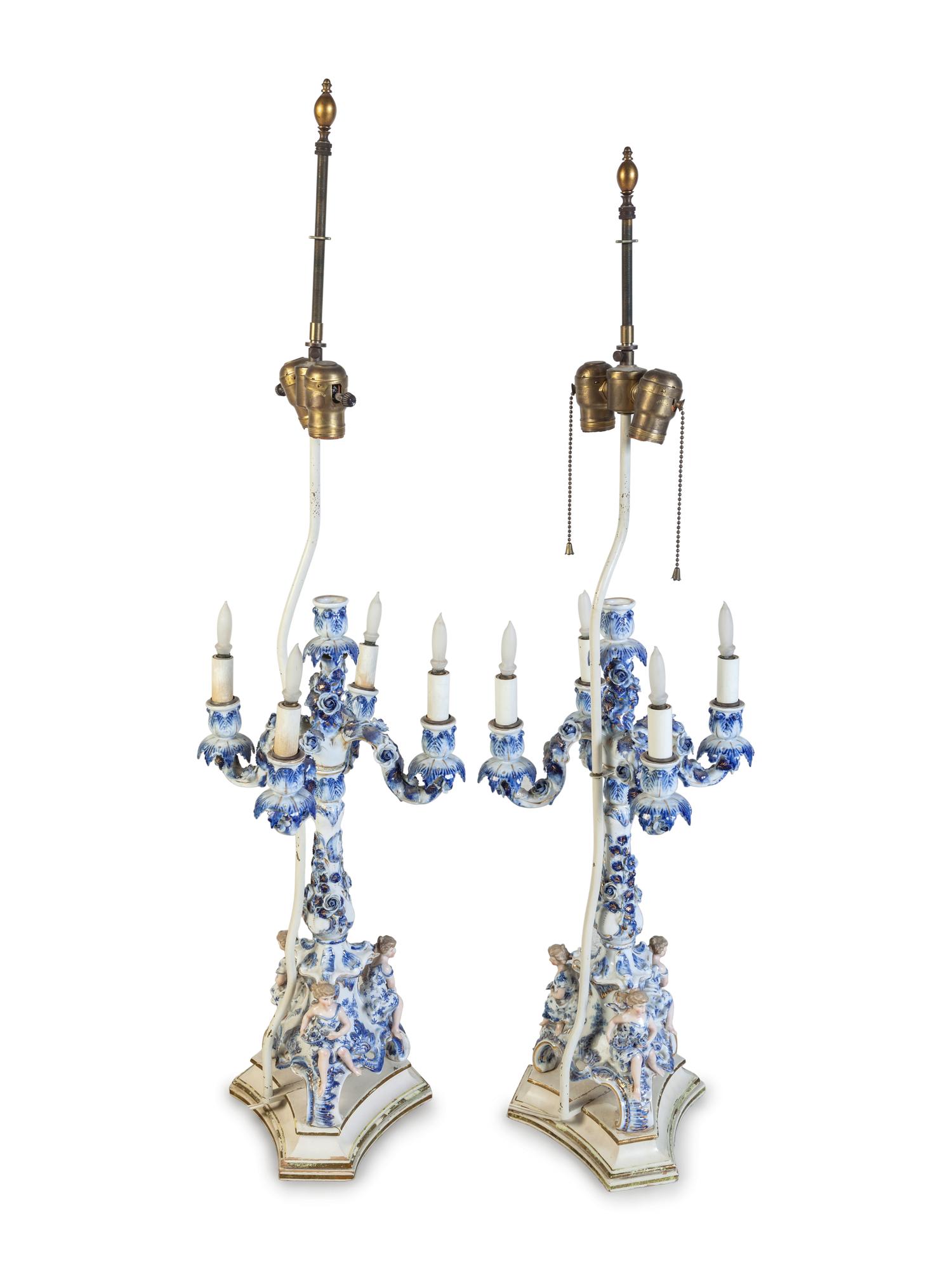 A Pair of Continental Porcelain Candelabra Mounted as Lamps