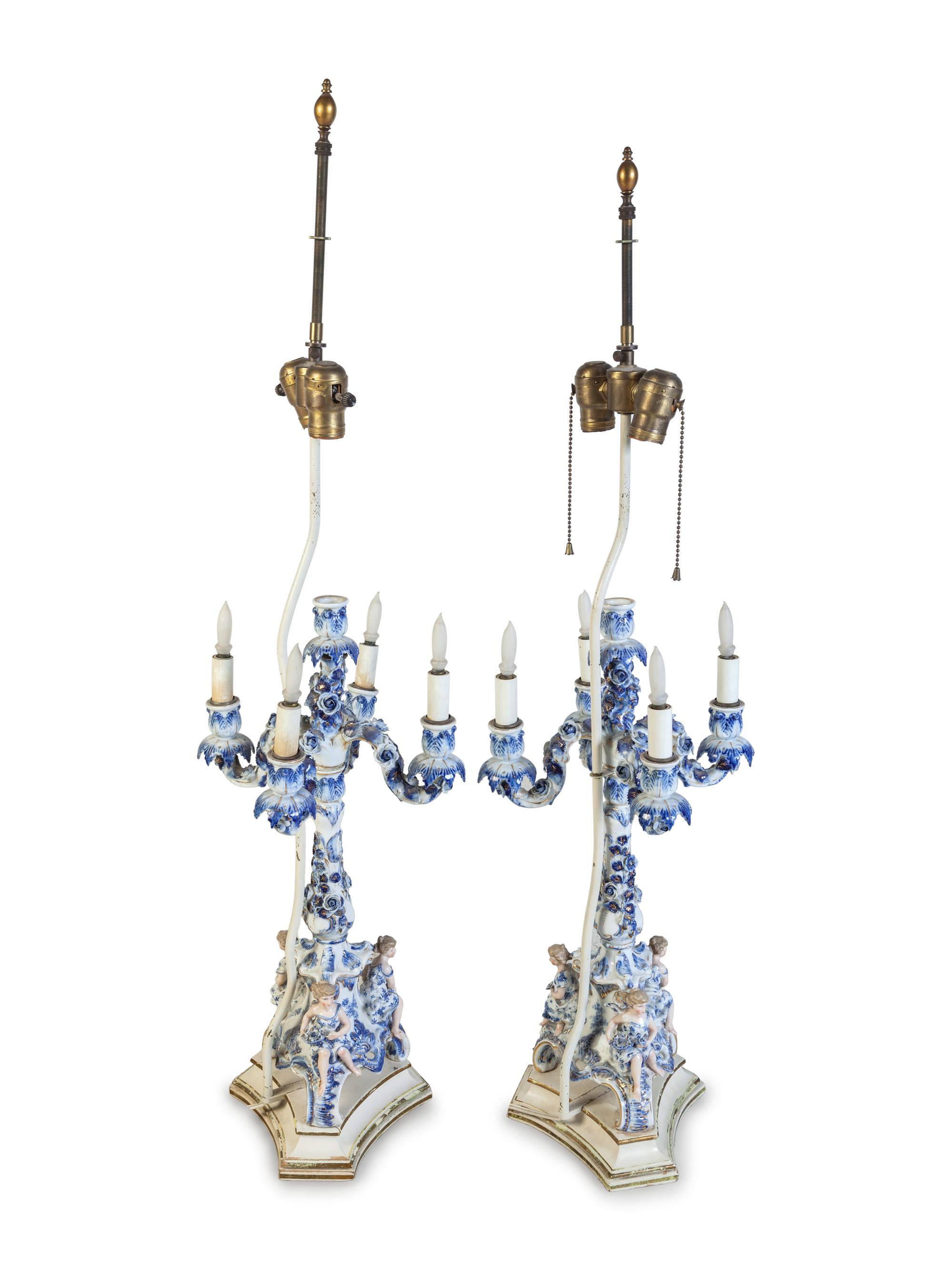 A Pair of Continental Porcelain Candelabra Mounted as Lamps
