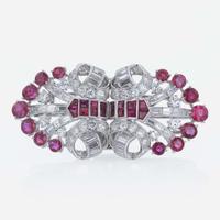 An Art Deco Diamond, and Ruby Duette Double Clip Brooch C. 1930's Bailey, Banks, & Biddle