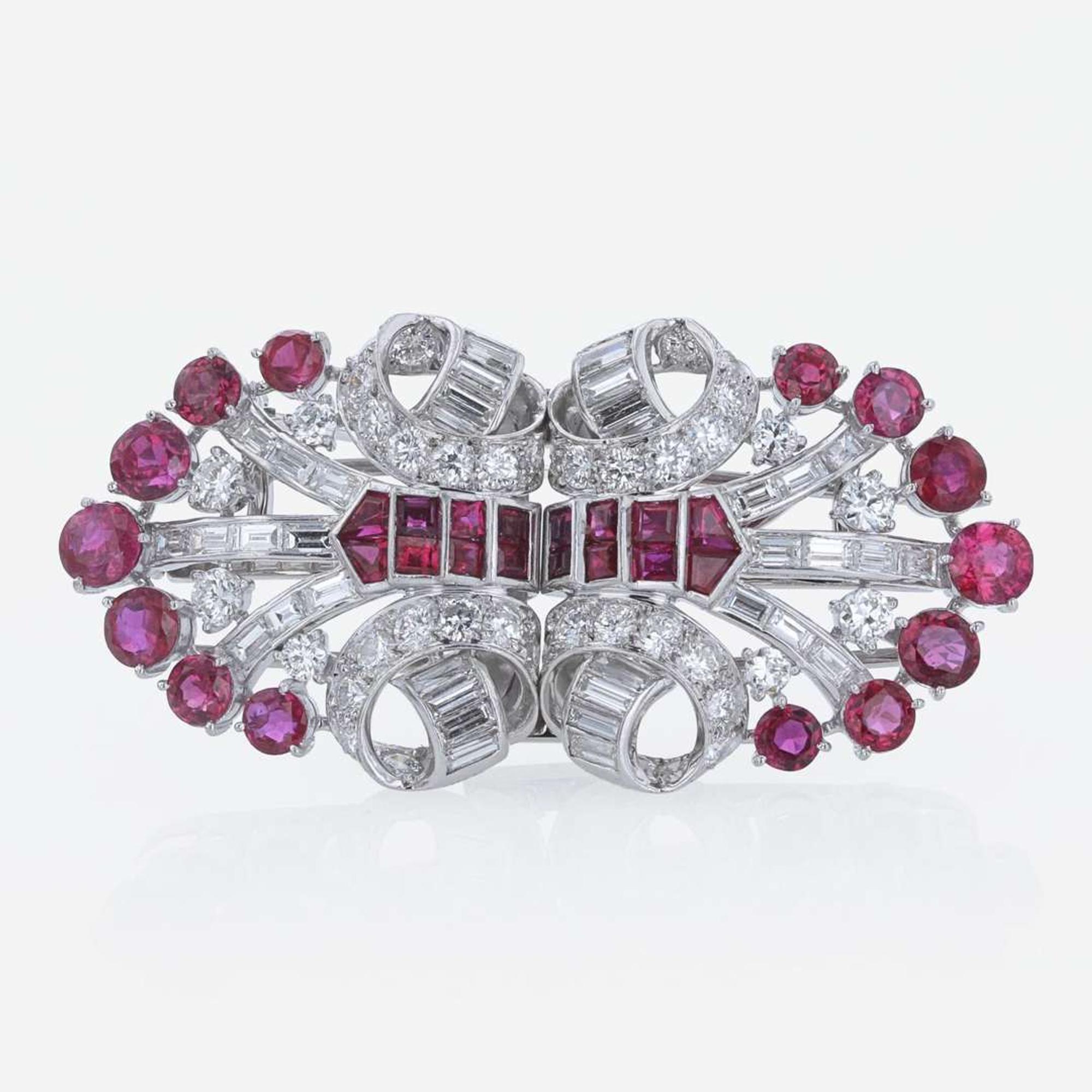 An Art Deco Diamond, and Ruby Duette Double Clip Brooch C. 1930's Bailey, Banks, & Biddle