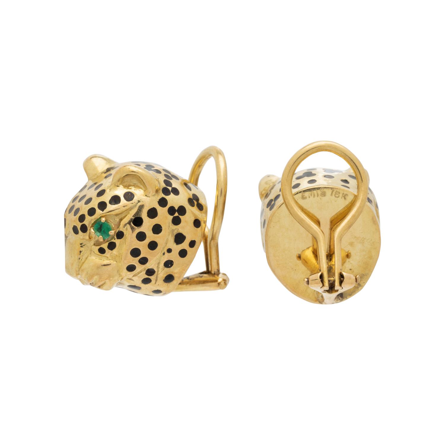 EMIS BEROS, YELLOW GOLD AND ENAMEL PANTHER CLIP EARRINGS