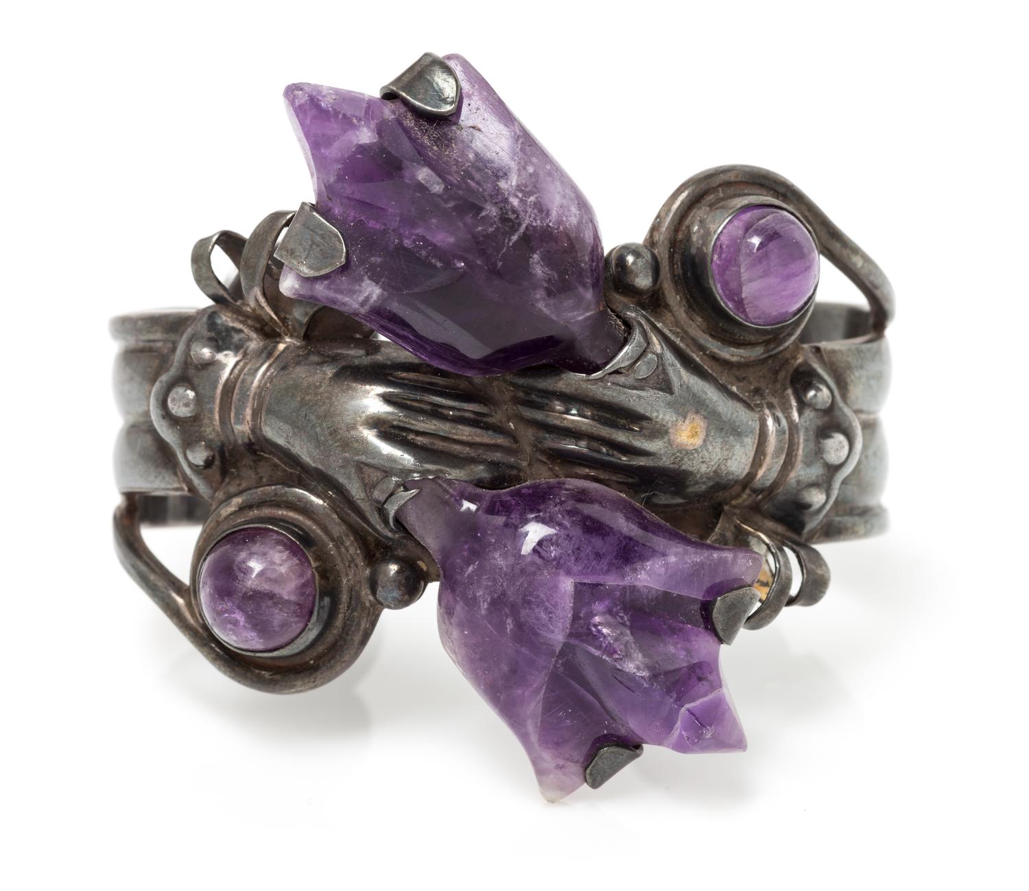 A Silver and Amethyst Hand and Tulip Motif Cuff Bracelet, Mexico, Pre-1948, 57.60 dwts.