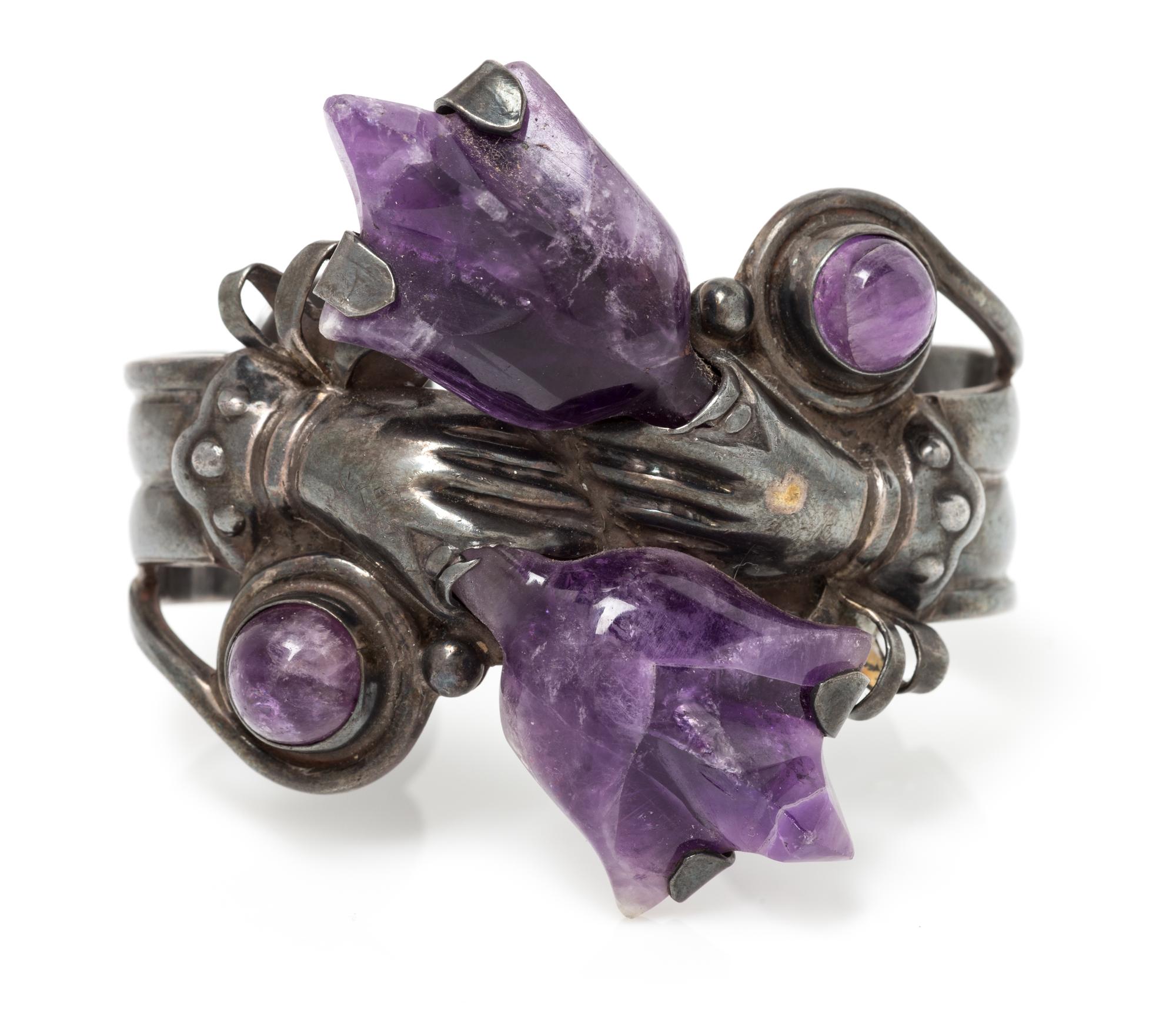 A Silver and Amethyst Hand and Tulip Motif Cuff Bracelet, Mexico, Pre-1948, 57.60 dwts.