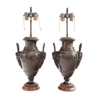 A Pair of Neoclassical Style Patinated Bronze and Rouge Griotte Marble Urns Mounted as Lamps