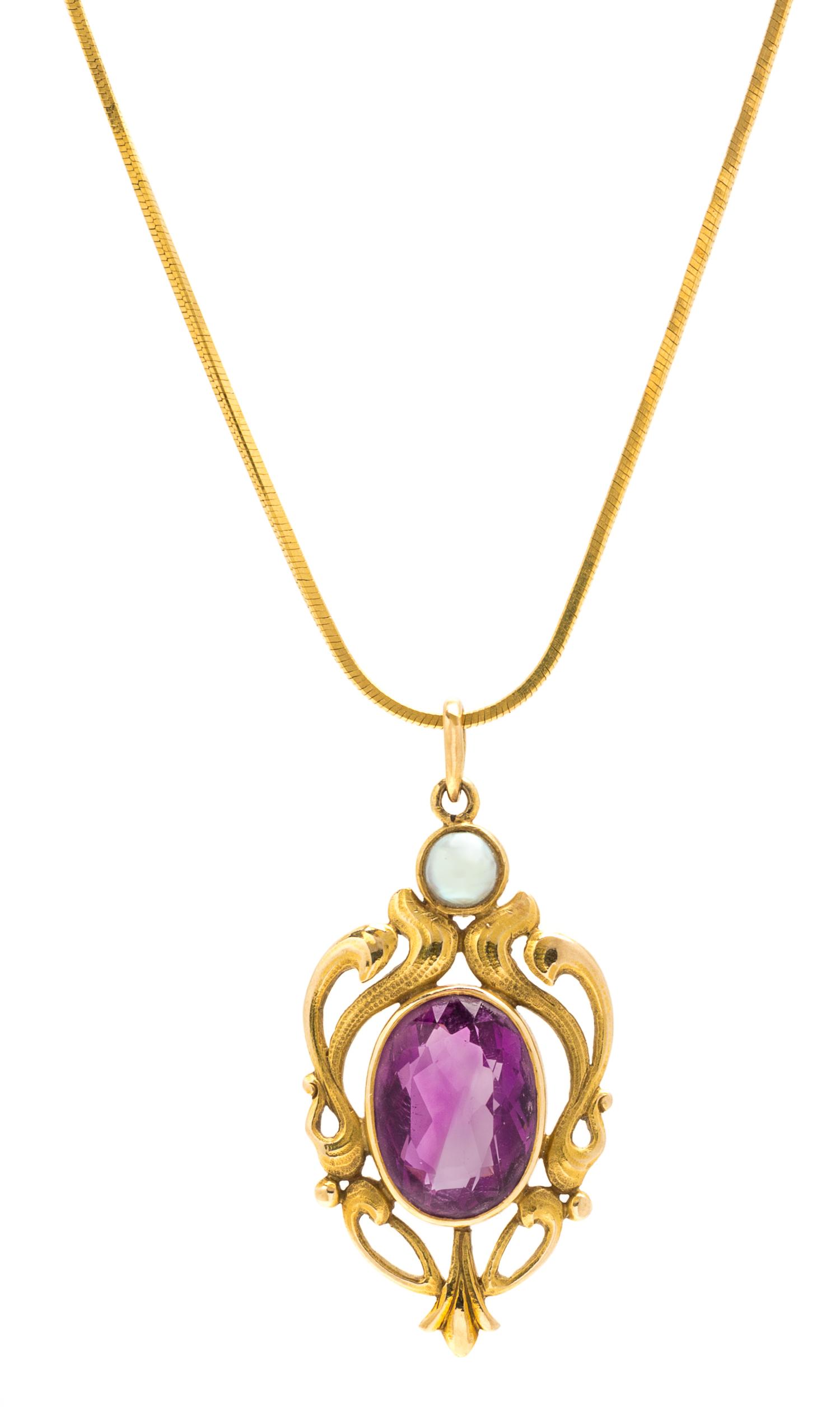 An Art Nouveau Yellow Gold, Amethyst, and Pearl Pendant, 5.80 dwts.