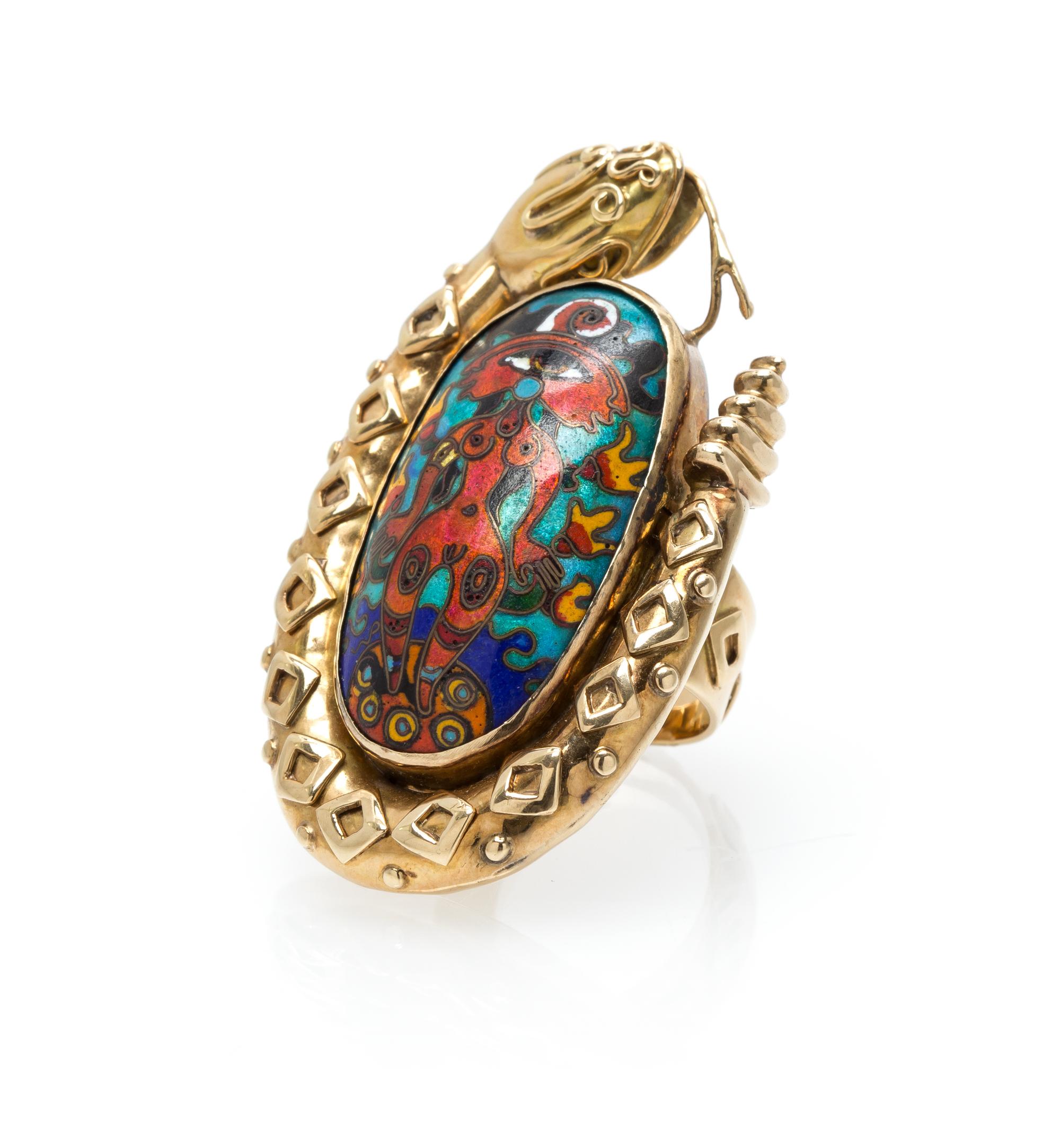 A Yellow Gold, Silver and Polychrome Enamel Snake Motif Ring, 25.00 dwts.