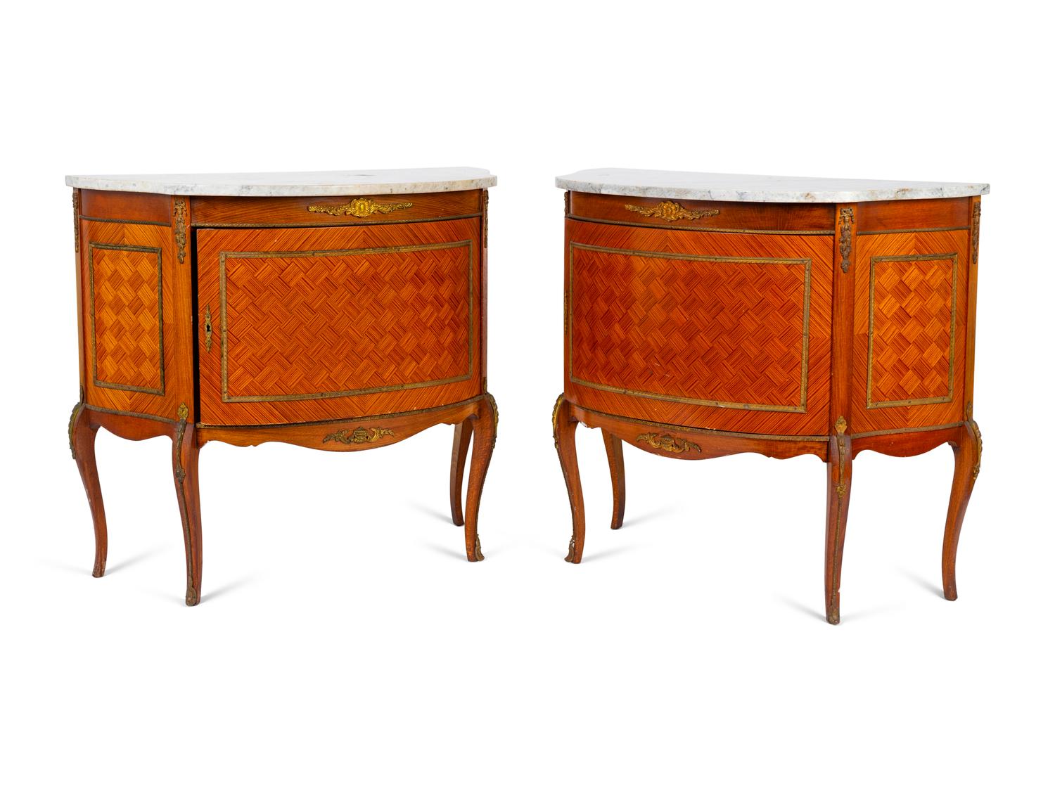 A Pair of Louis XV/XVI Transitional Style Marble Top Parquetry Cabinets — EARLY 20TH CENTURY
