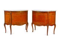 A Pair of Louis XV/XVI Transitional Style Marble Top Parquetry Cabinets — EARLY 20TH CENTURY