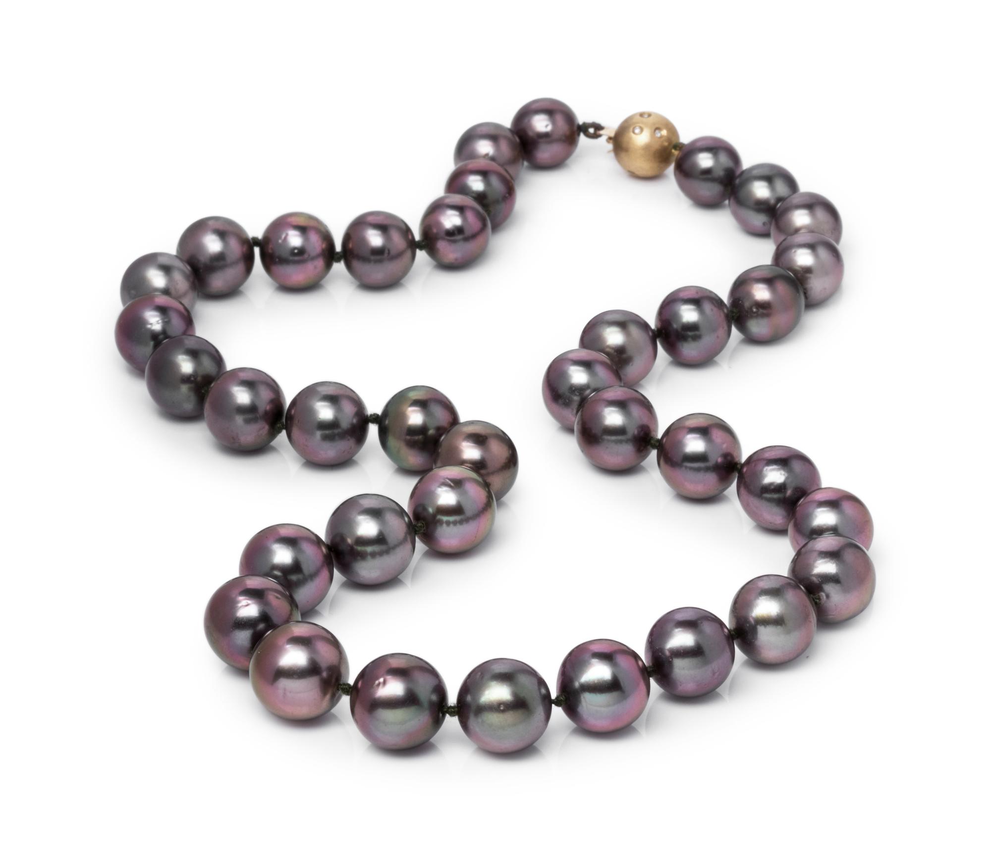 A 14 Karat Yellow Gold, Diamond and Cultured Tahitian Pearl Necklace,