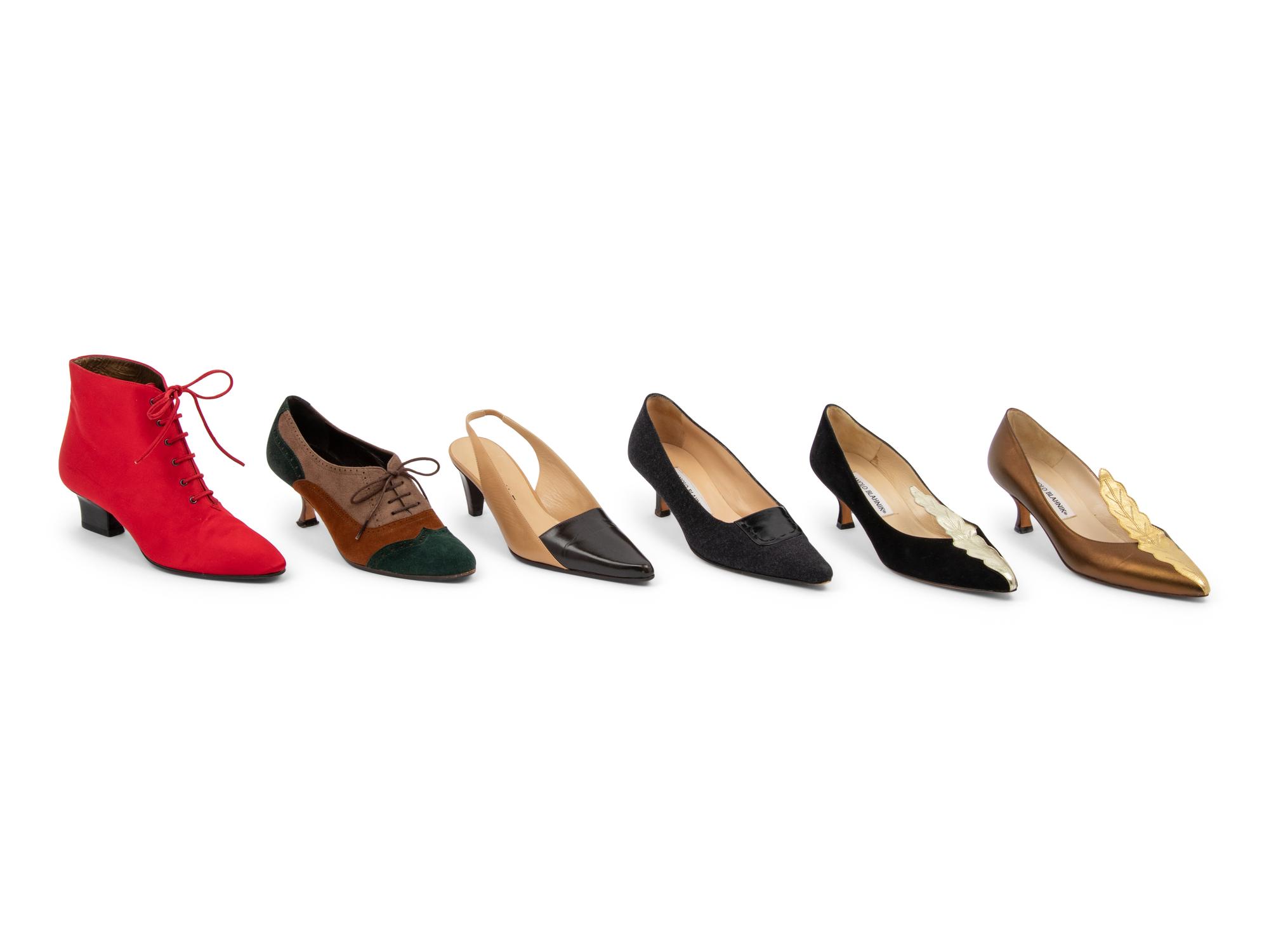 Six Pairs of Designer Shoes, Four Manolo Blahnik, One YSL, One Celine
