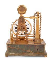 A French Gilt Metal and Onyx Mounted Compound Congreve Waterwheel Clock, Thermometer and Barometer