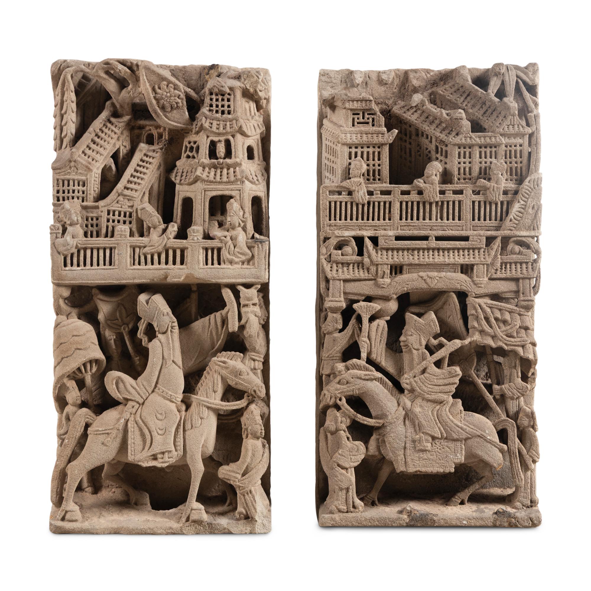 A Pair of Chinese Carved Stone Panels, 18th-19th Century — 清中期 亭台人物圖石雕一對