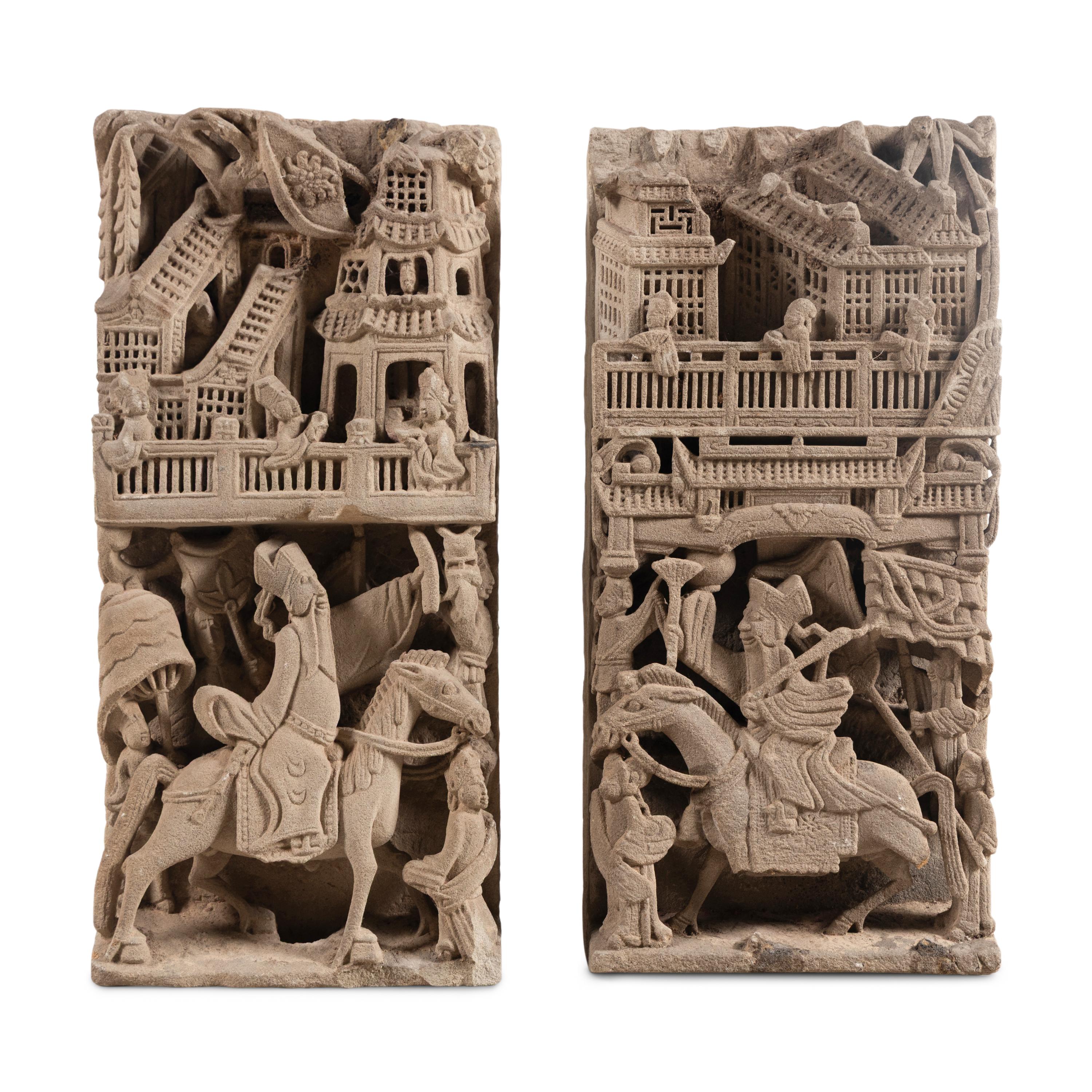 A Pair of Chinese Carved Stone Panels, 18th-19th Century — 清中期 亭台人物圖石雕一對