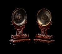 A Pair of Chinese Coin Mounted Silver and Hardwood Table Screens