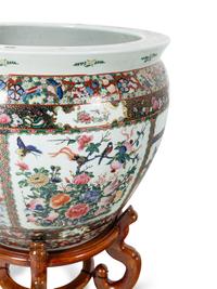 A Chinese Rose Medallion Fishbowl on Stand