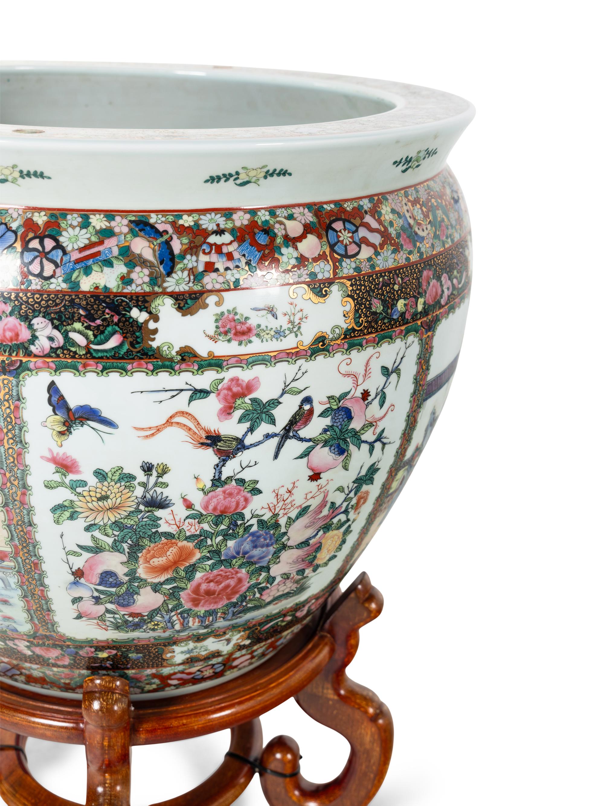 A Chinese Rose Medallion Fishbowl on Stand