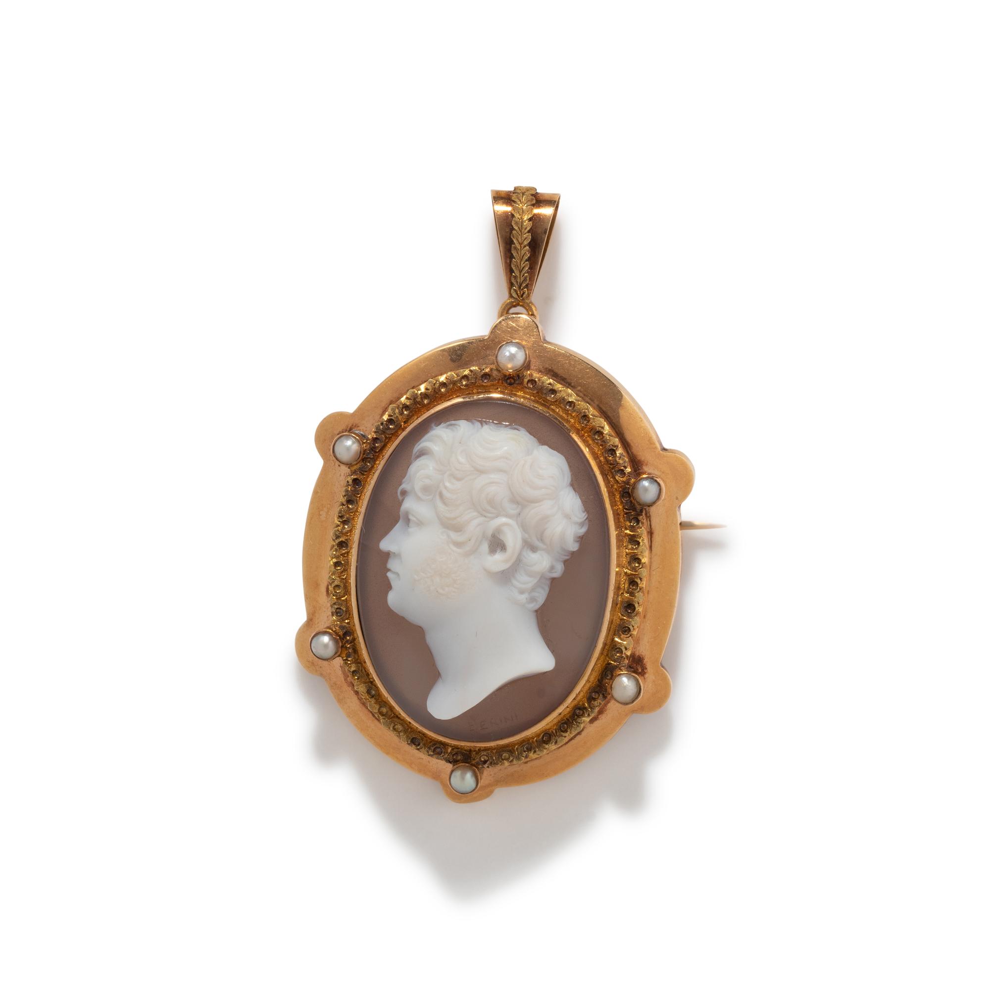 A Neoclassical Gold and Agate Cameo Pendant Brooch with a Male Portrait Head