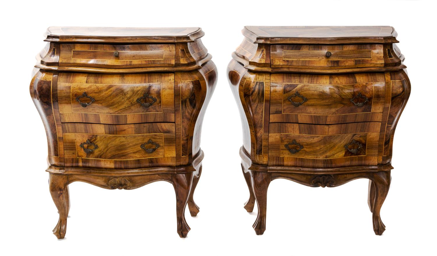A Pair of Italian Walnut Bombe Cabinets Height 28 x width 22 x depth 13 inches. — LATE 19TH CENTURY