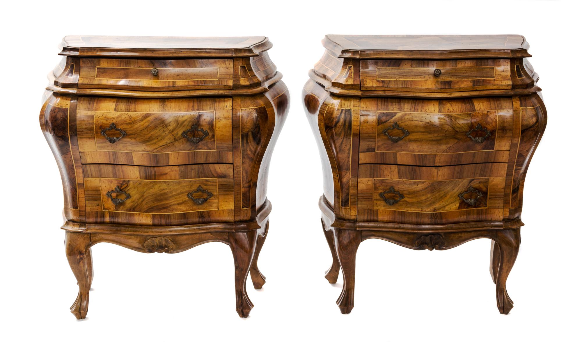A Pair of Italian Walnut Bombe Cabinets Height 28 x width 22 x depth 13 inches. — LATE 19TH CENTURY
