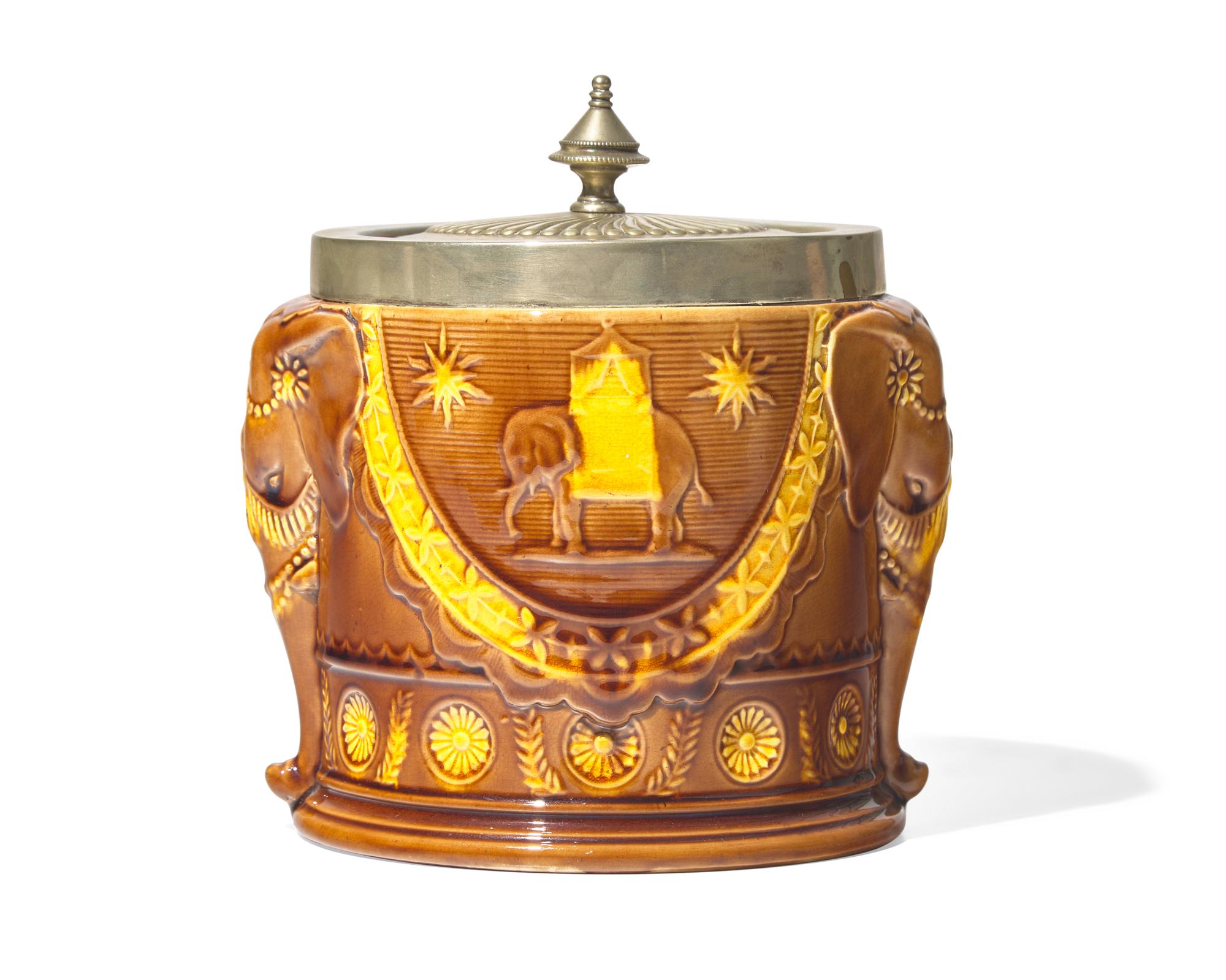 A Wedgwood Majolica Amber Elephant Tobacco Jar