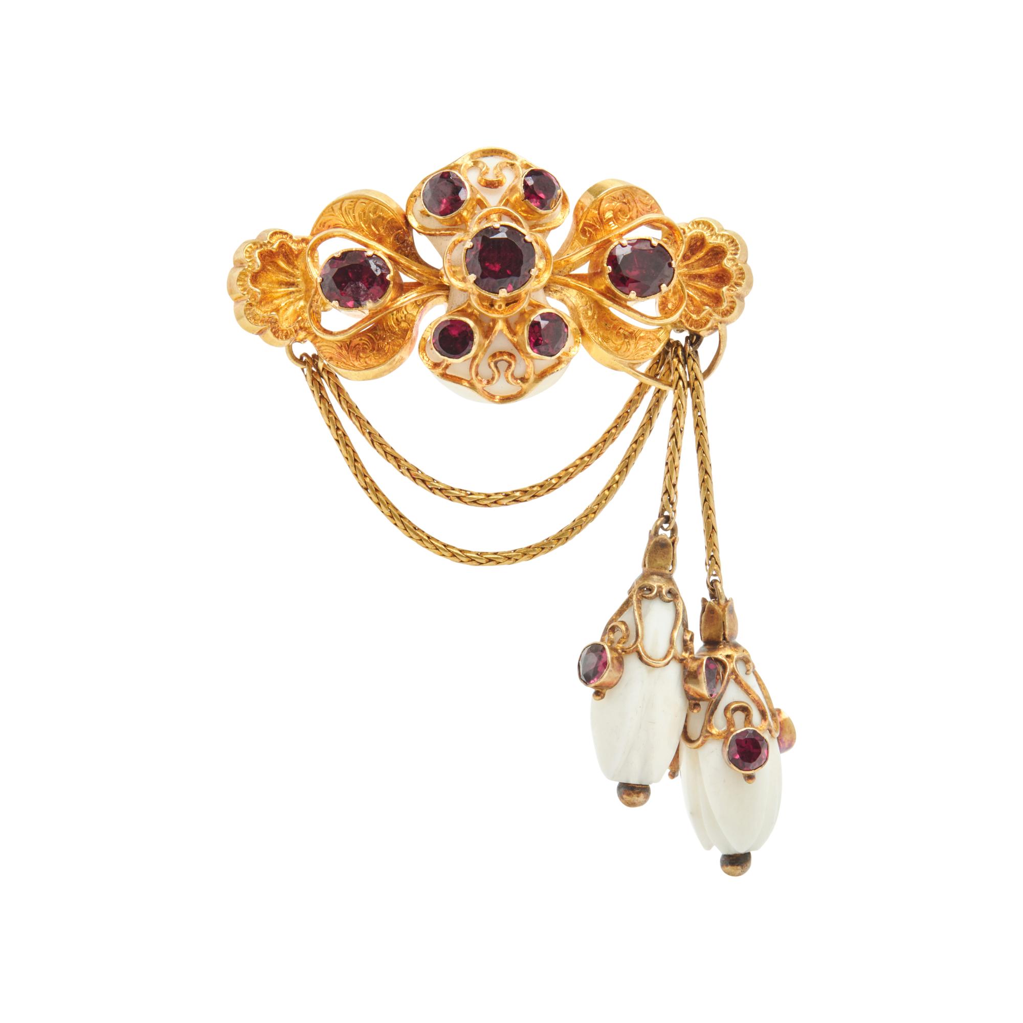 ETRUSCAN REVIVAL, YELLOW GOLD, GARNET, AND CORAL BROOCH