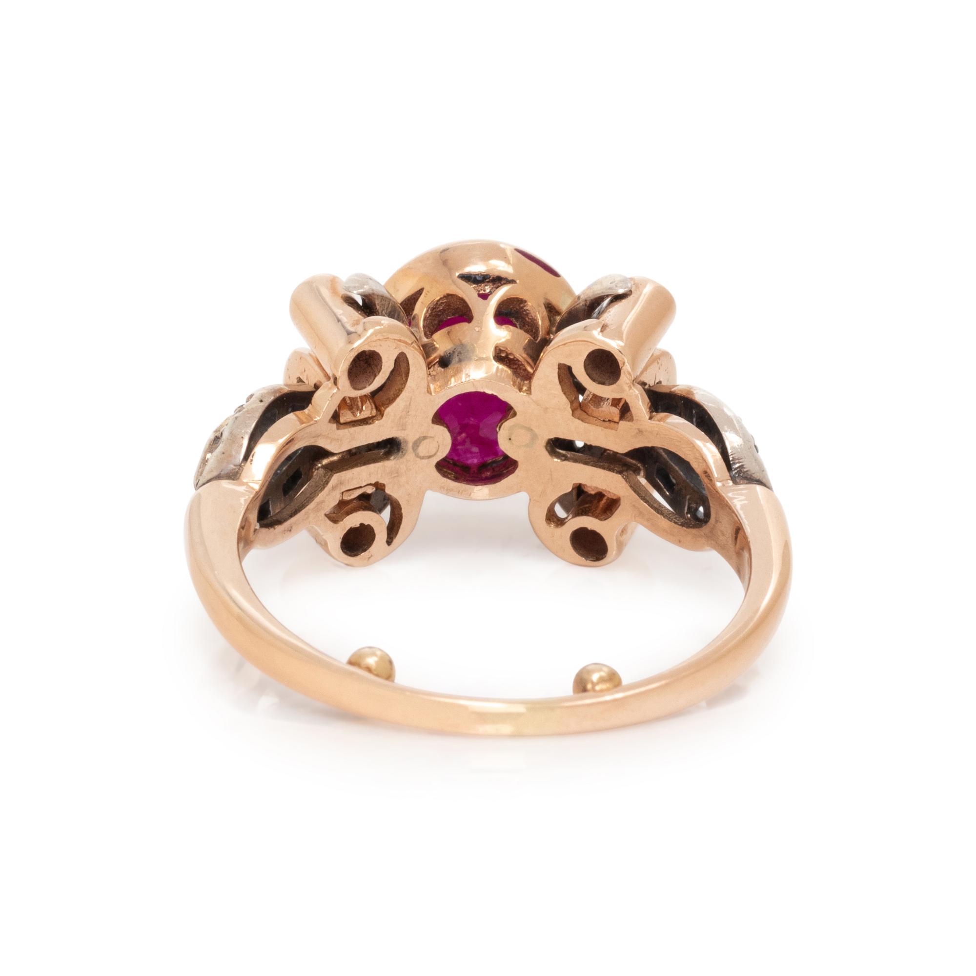 SILVER-TOPPED GOLD, RUBY AND DIAMOND RING