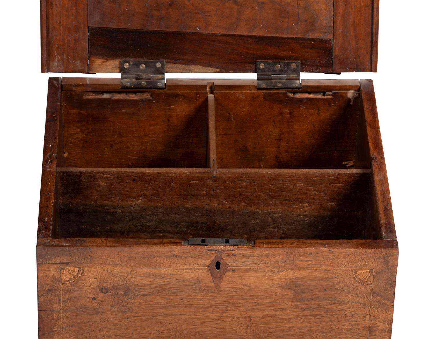 A Late Federal Inlaid Walnut and Cherrywood Sugar Chest on Stand
