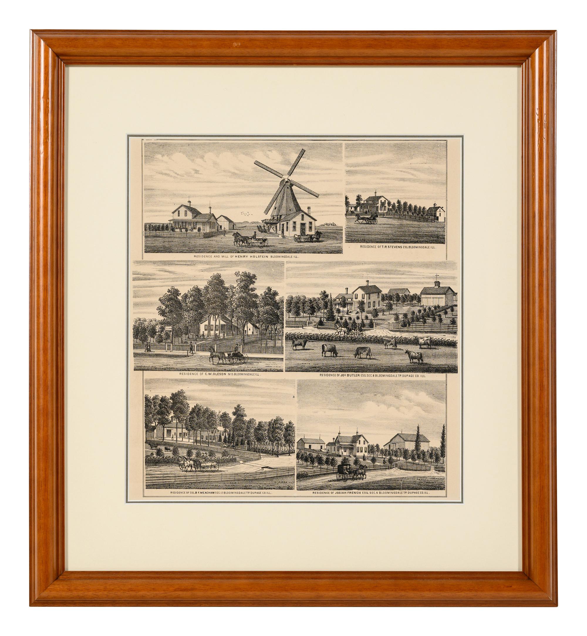 Printed City Views and Farm Scenes of Bloomingdale and Dupage County , Ill. N.p.: N.d. 23 x 21 In. Matted and framed.