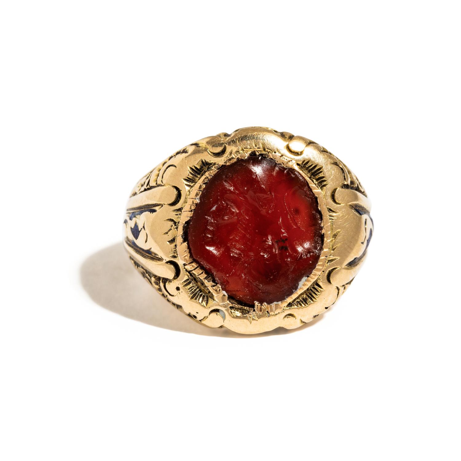 A Roman Carnelian Ring Stone with a Gryllos — Set in a gold ring