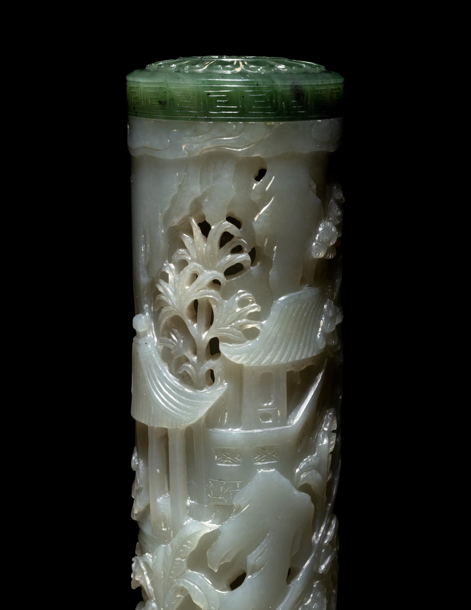 A Pair of Carved Celadon Jade Cylindrical Parfumiers
